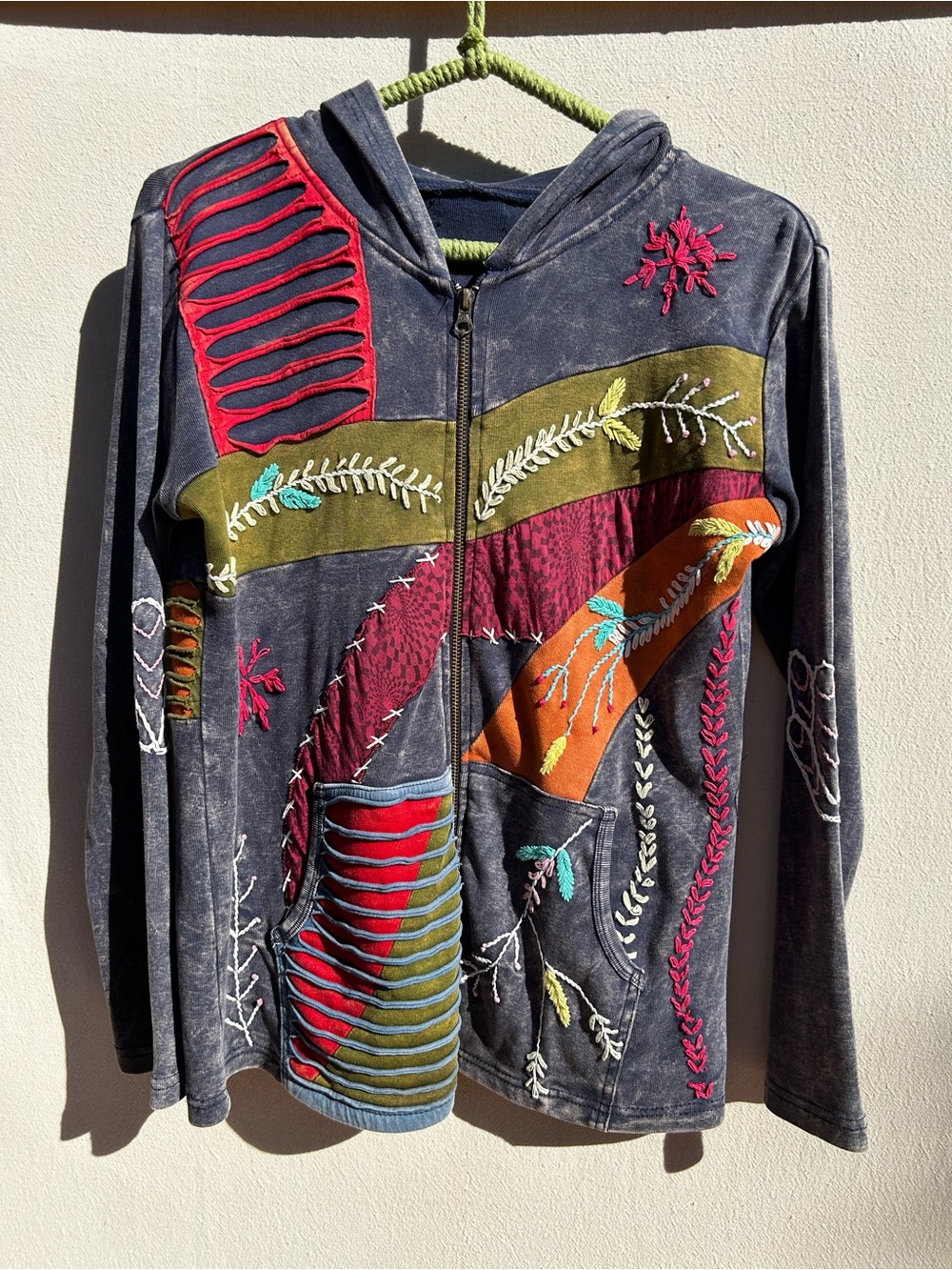 Women’s Embroidered Hooded Zip Jacket - Gray with Multicolor Accents